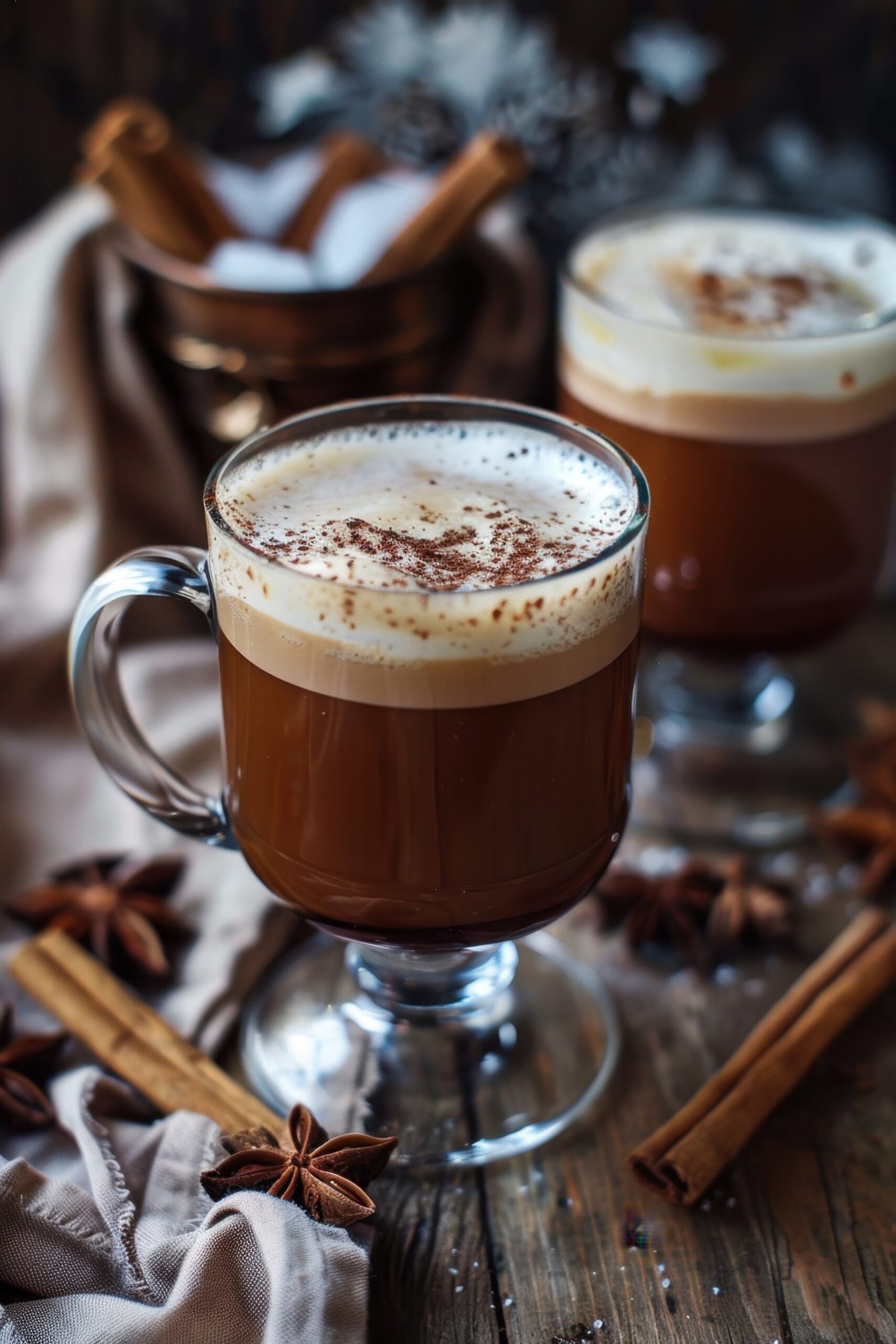 Cozy spiced apple cider with whipped cream and a cinnamon stick, perfect for a warm, festive holiday atmosphere